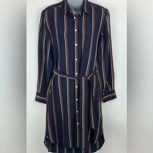 Polo Ralph Lauren Navy Blue Striped 100% SILK Belted Shirtdress - Size 4
